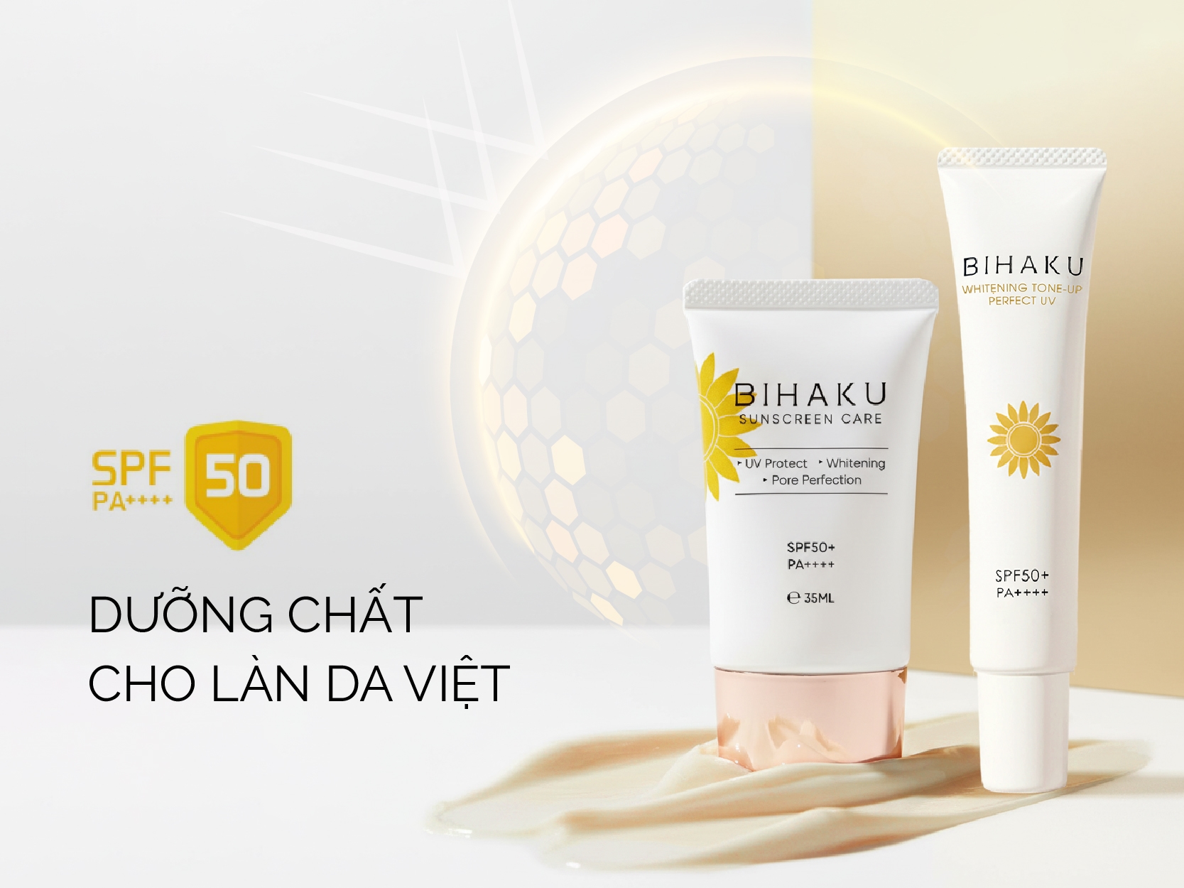 Bihaku Sunscreen Care hay Tone-up với màng lọc SPF 50+, PA+++ chứa những hoạt chất dưỡng trắng, mờ nám, công nghệ thẩm thấu, mang lại trải nghiệm luxyry skincare
